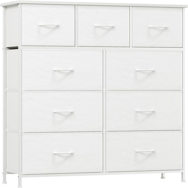 Weisser Mehrzweckschrank mit neun grossen Stoffschubladen, flexible Aufbewahrung fuer Schlafzimmer, Wohnzimmer und Flur