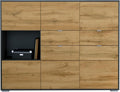Deutsches Hochboard Sideboard mit sechs Tueren und vier Schubladen, Anthrazit matt Korpus mit Eiche Evoke Front 152,5 x 118 x 37 cm