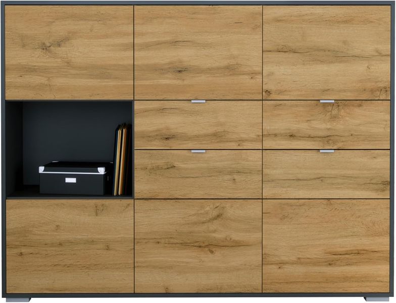 Deutsches Hochboard Sideboard mit sechs Tueren und vier Schubladen, Anthrazit matt Korpus mit Eiche Evoke Front 152,5 x 118 x 37 cm