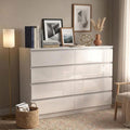 Griffloses Hochglanz-Weiss Sideboard mit acht grossen Schubladen und Kippsicherung, multifunktionaler Schrank 120 x 40 x 99 cm