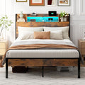 Metall-Doppelbett mit Holz-Kopfteil, Stauraum, LED-Beleuchtung und Strom-/USB-Anschluessen, ohne Matratze 140 x 200 cm