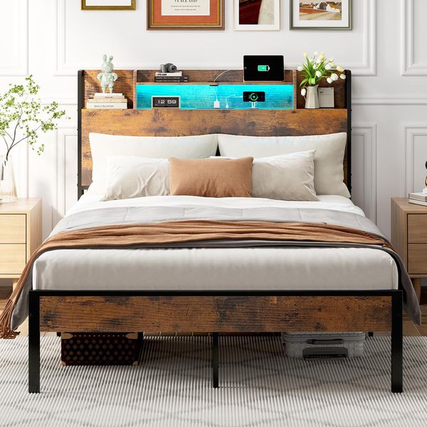 Metall-Doppelbett mit Holz-Kopfteil, Stauraum, LED-Beleuchtung und Strom-/USB-Anschluessen, ohne Matratze 140 x 200 cm