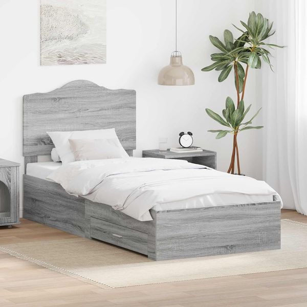 Sonoma-Eiche grauer Holzwerkstoff-Bettrahmen mit Stauraum-Bettkasten, Kopfteil, Lattenrost und Schubladen, Einzelbett 100 x 200 cm