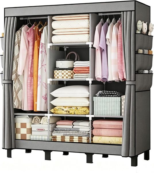 Leichter transportabler Stoff-Kleiderschrank in Grau, flexibel aufbaubare Garderobe fuer das Schlafzimmer