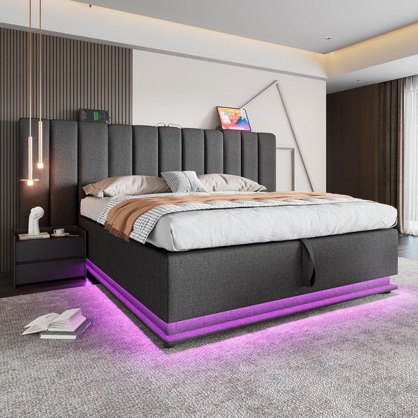 Graues Leinen-Stauraum-Doppelbett mit App-gesteuerter LED und USB-C Ladeanschluss, ohne Matratze und Beistelltische 180 x 200 cm