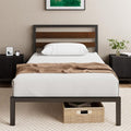 Schwarz-braunes Metall-Plattformbett mit Bambuskopfteil und Metall-Lattenrost, 25,4 cm Unterbettfreiraum 90 x 200 cm
