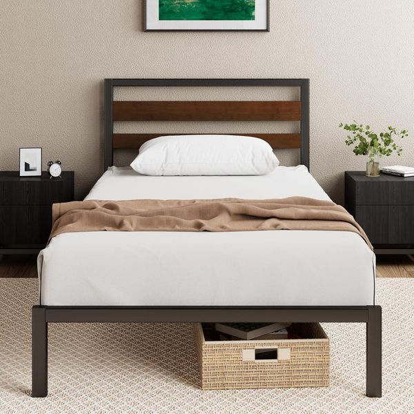 Schwarz-braunes Metall-Plattformbett mit Bambuskopfteil und Metall-Lattenrost, 25,4 cm Unterbettfreiraum 90 x 200 cm