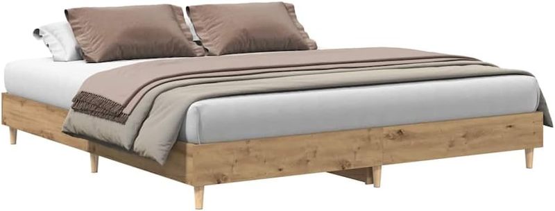 Plattform-Bettgestell aus Holzwerkstoff in Artisan-Eiche Optik ohne Matratze, flacher Doppelbettrahmen fuer individuelle Matratzenwahl 180 x 200 cm