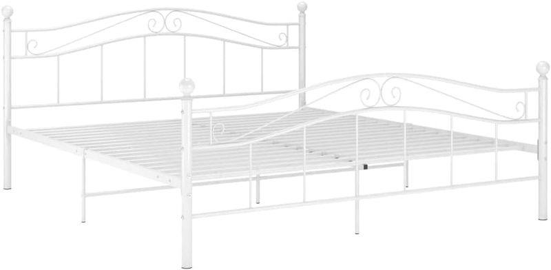 Stabiler weisser Metallbettrahmen fuer Doppelbetten inklusive Lattenrost, zeitloser Metallbett fuer das Schlafzimmer 140 x 200 cm
